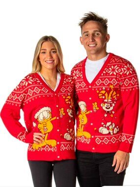 NWOT Garfield & Odie Christmas Sweater Red Men's L Women's M